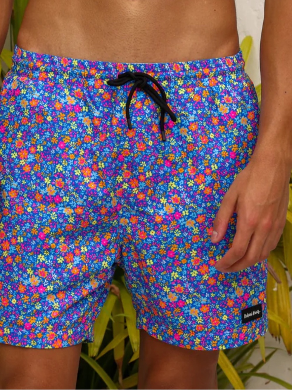 Kulani Kinis Blue Floral Swim Trunks with Black Drawstring